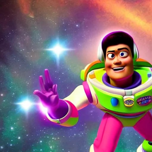 Image similar to bruno mars as buzz lightyear flying through space fighting the power rangers with lazers