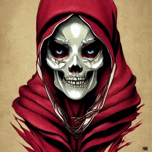 Image similar to anime manga skull portrait young woman skeleton, red riding hood, unreal engine, intricate, elegant, highly detailed, digital art, art by JC Leyendecker and sachin teng