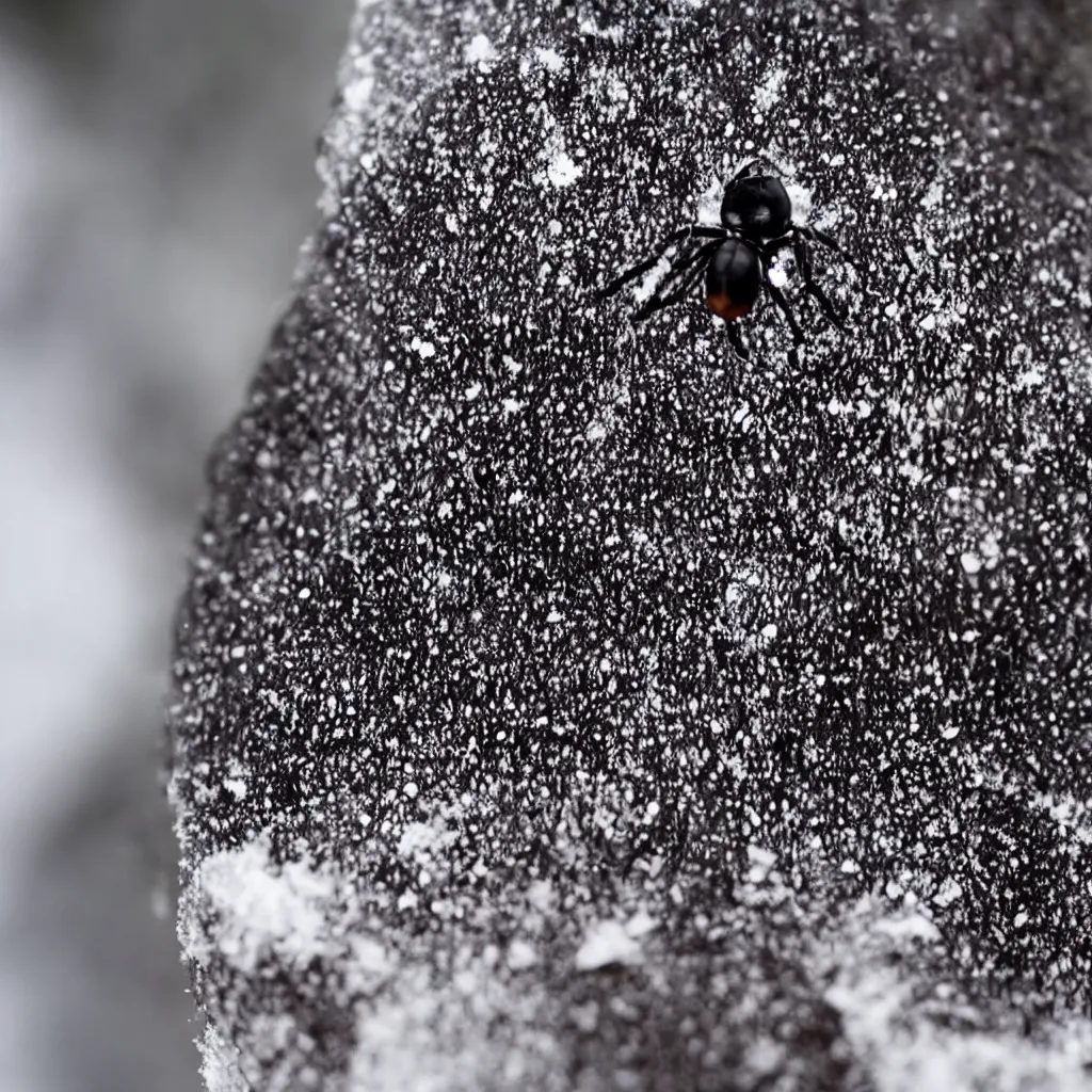 Prompt: one small black spider with big eyes on snow, macro view, frontal view, high detail