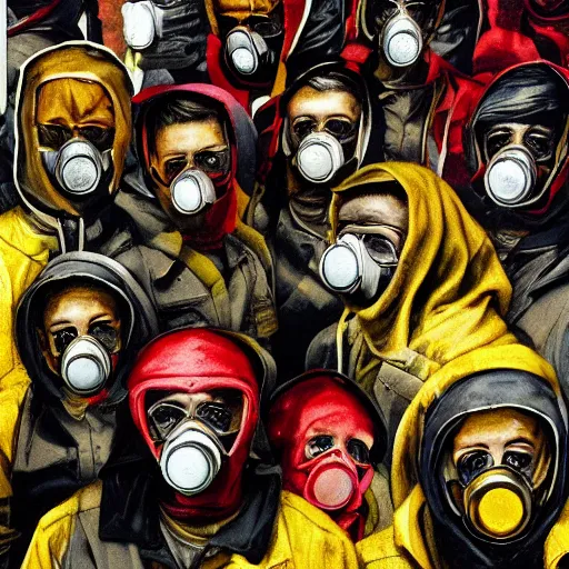 Image similar to detailed details photorealistic saints gang photo group, theyre using gas mask, other using saints mask, theyre wear yellow and red hoodie, theyre leader regularly uses red in the style of bob peak and alex ross, gouache and wash paints color, detailed details facial and body and human and environments and proportionate, detailed 5 k details.