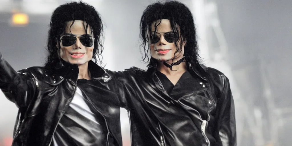 Image similar to michael jackson this is it by himself 2 0 0 9 style wearing shades, studio solo, this is it style, photo real, motion blur, solo, by himself, heroic pose, real life, spotted, ultra realistic face, accurate, 4 k, movie still, uhd, sharp, detailed, cinematic, render, modern