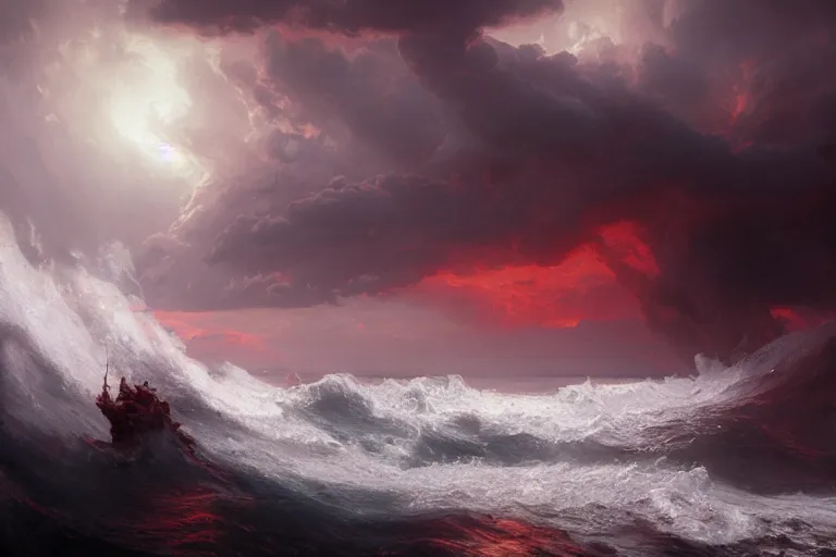 Prompt: turbulent ocean made of dark - red energy emanating mist under a bed of loquaciously indulgent cloudy skies, illustrated by greg rutkowski and gaston bussiere, artstation, cgsociety contest winner, intricately defined, complexly detailed, zbrush, mannerism, 4 k