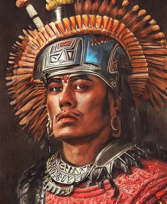 Prompt: portrait of a handsome aztec warrior in old tenochtitaln, art by denys tsiperko and franz xaver kosler and bogdan rezunenko, hyperrealism