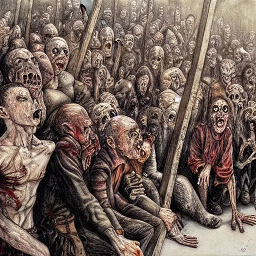 Prompt: a hyperrealistic painting of a large group of zombies watching the crucifixtion, by santiago caruso, highly detailed,