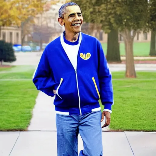 Image similar to realistic photo of casual barack obama wearing a royal blue varsity jacket with yellow sleeves