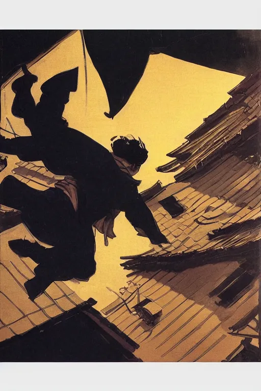 Prompt: a ninja jumping from the roof at night by joaquin sorolla, syd mead, hokusai