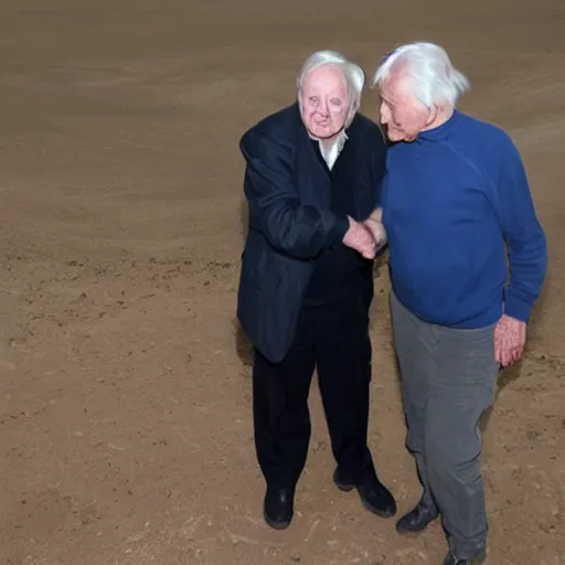 Prompt: Sir David Attenborough shaking hands with a Martian alien