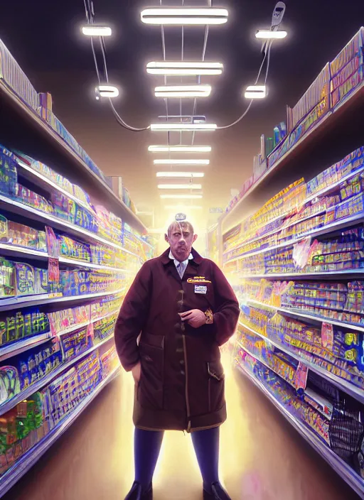 Image similar to portrait of a depressed supermarket worker in a countdown nz uniform, intricate, elegant, glowing lights, highly detailed, digital painting, artstation, concept art, smooth, sharp focus, illustration, art by wlop, mars ravelo and greg rutkowski