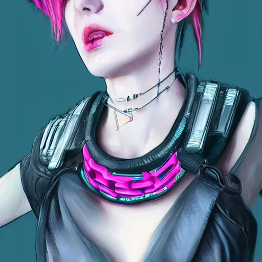 Image similar to detailed realistic cyberpunk female character cyberpunk wearing large steel collar around neck, realistic, art, beautiful, 4K, collar, choker, collar around neck, punk, artstation, detailed, female, woman, choker, cyberpunk, neon, punk, collar, choker, collar around neck, thick collar, choker around neck, wearing choker, wearing collar, bright neon punk hair, collar, choker,