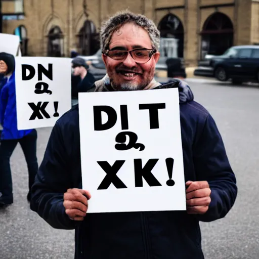 Image similar to photograph of smiling man holding a protest sign saying'xd ', high detail, 8 k resolution