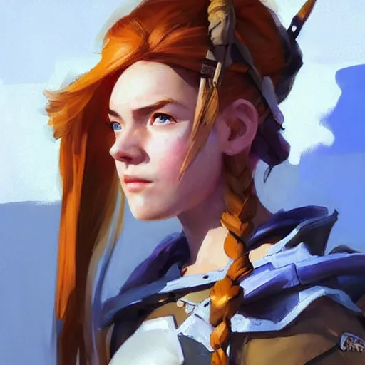 Image similar to greg manchess portrait painting of a aloy as overwatch character, medium shot, asymmetrical, profile picture, organic painting, sunny day, matte painting, bold shapes, hard edges, street art, trending on artstation, by huang guangjian and gil elvgren and sachin teng