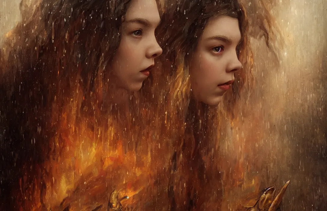 Prompt: a realistic detail portrait of a beautiful queen look like Anya taylor-joy in middle earth, raining, thunder, magic, dragon, oil painting by Julian calle, wlop, greg rutkowski, Finnian MacManus, Trending on artstation, red and yellow scheme, 8k, RE Engine