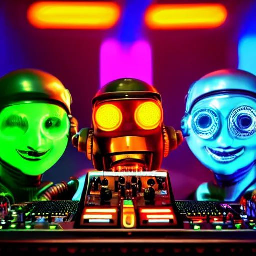 Image similar to album art for a famous dj, the album is called r. o. b. o. r. o. c. k. 3 dieselpunk robot heads with robot arms on a dj desk with a cd mixer, 8 k, fluorescent colors, halluzinogenic, multicolored, exaggerated detailed, front shot, 3 d render, octane