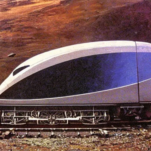 Prompt: a futurist train at the end of the world