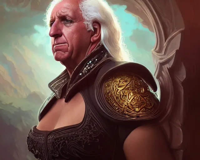 Image similar to photography of ric flair, deep focus, d & d, fantasy, intricate, elegant, highly detailed, digital painting, artstation, concept art, matte, sharp focus, illustration, hearthstone, art by artgerm and greg rutkowski and alphonse mucha