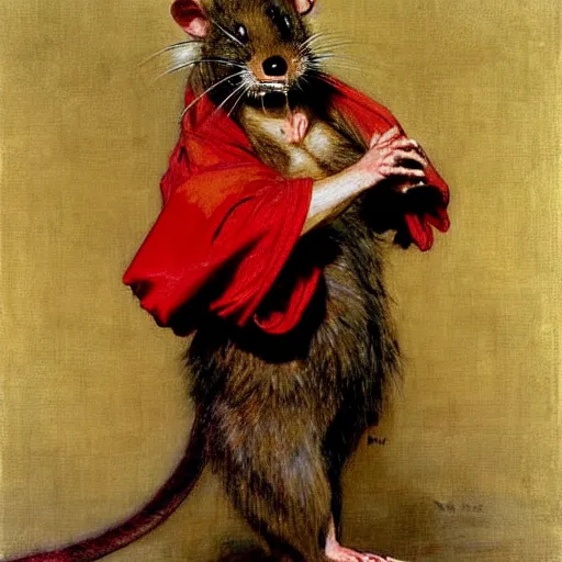 Prompt: a portrait of a furry splinter the rat wearing a red kimono, hairy, furry body, furry arms, feet, tail. highly detailed painting by gaston bussiere, craig mullins, j. c. leyendecker, furry