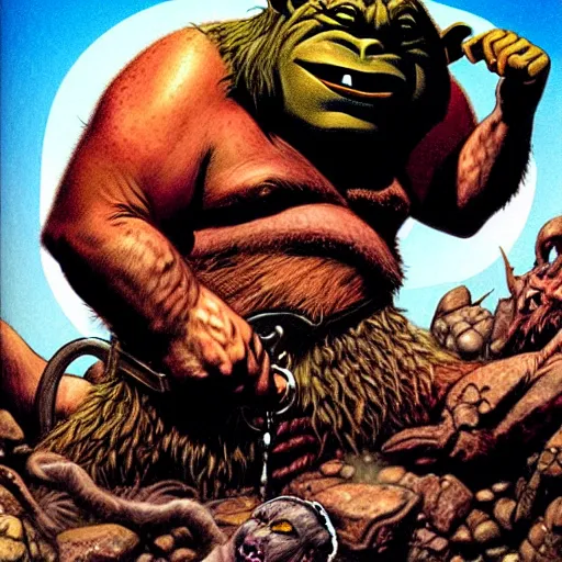 Image similar to Fantasy illustration by Clyde Caldwell The ogre snores in its sleep, its head bobbing from side to side. You reach down to the belt at its waist and feel for the ring of keys hanging from it.