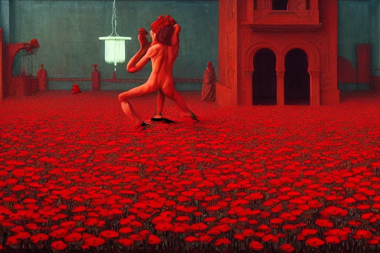 Prompt: only with red, a red expanse of flowers of different types, castle, goblins dance over the flowers in the style of beksinski, parts by edward hopper, parts by rodcenko, parts by yue minjun, intricate and epic composition, red by caravaggio, insanely quality, highly detailed, masterpiece, red light, artstation, 4 k