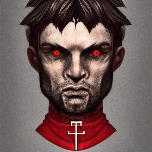 Prompt: portrait of a handsome Catholic priest with red eyes, dark, intricate details, highly detailed, eerie, concept art, digital painting, sharp, trending on artstation, award-winning. Art by Loran DeSore and Merwild