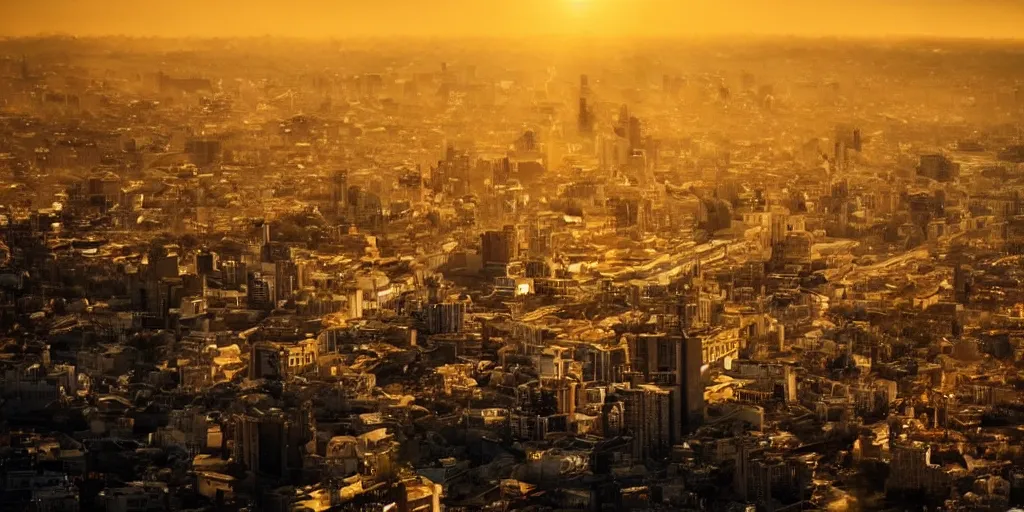 Image similar to a random photo of a beautiful golden city hidden somewhere on Earth, cinematic, sun, beautiful lighting