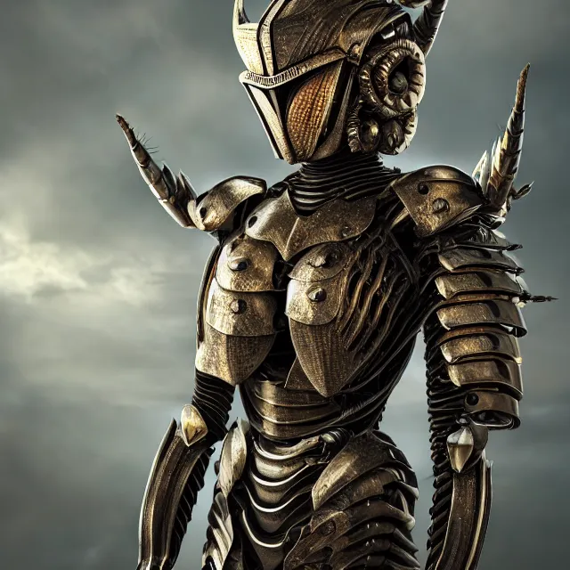 Image similar to full body photo of a beautiful cute strong warrior queen wearing insectoid armour, highly detailed, 8 k, hdr, smooth, sharp focus, high resolution, award - winning photo