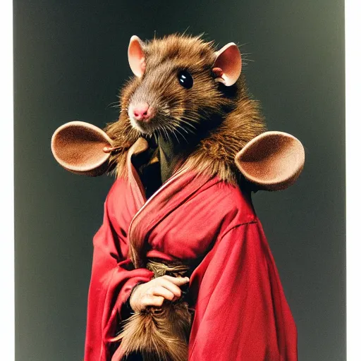 Prompt: a portrait of a human-rat hybrid with brown fur wearing a red kimono, hyper realistic, photography, film still