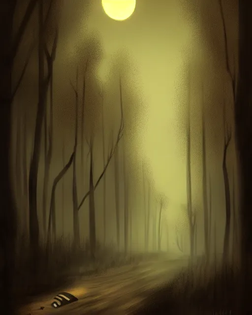 Prompt: horror image, a wooded lane lit only by the moon, on the lane is a black fiat from hell, black Philip, staring at you, concept art, ambient lifting, trending on artstation, deviantart