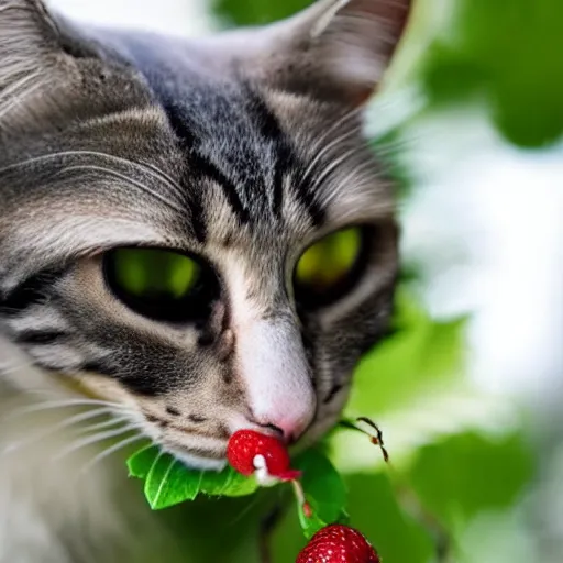 Image similar to cctv footage of a cat eating berries. close up. caught on camera