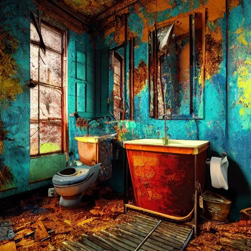 Prompt: UHD hyperrealistic photorealisitc Grungey toilet overflowing with pad Thai, brown sauce, in derelict abandoned bathroom, Vibrant colors, irrdescent glow, Tonalism Painting by Karol Bak, Max Ernst, Adrian Ghenie, Walton Ford
