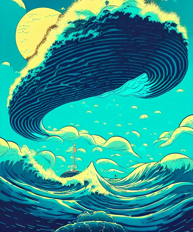 Prompt: an ocean wave swirling in the sky by simon stalenhag and dan mumford, surrealism, hyper detailed, retrowave, solarpunk