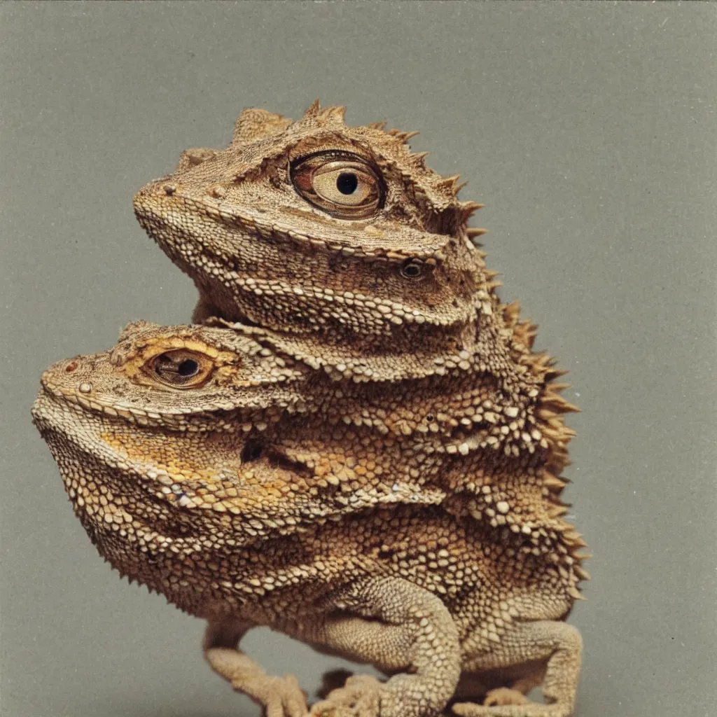 Prompt: A polaroid of a bearded dragon with human eyes from 1990s