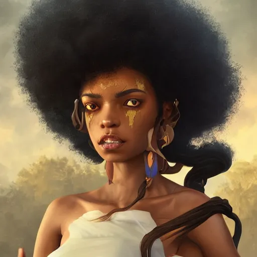 Prompt: afro brazilian witch fantasy, highly detailed, digital painting, trending on artstation, concept art, sharp focus, illustration, global illumination, shaded, art by artgerm and greg rutkowski and fuji choko and viktoria gavrilenko and hoang lap