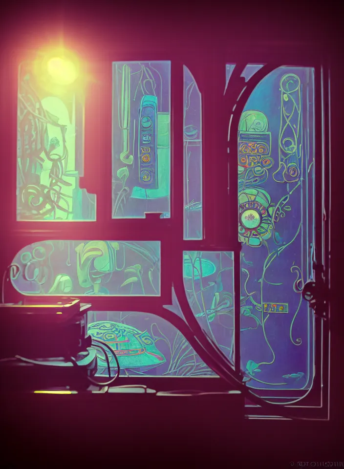 Image similar to telephoto 7 0 mm f / 2. 8 iso 2 0 0 photograph depicting the feeling of chrysalism in a cosy safe cluttered french sci - fi ( art nouveau ) cyberpunk apartment in a pastel dreamstate art cinema style. ( typing ) ( ( fish tank ) ), ambient light.