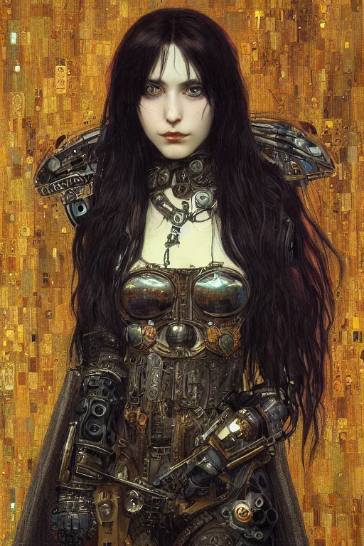 Image similar to portrait of beautiful young gothic maiden, cyberpunk, Warhammer, highly detailed, artstation, illustration, art by Gustav Klimt