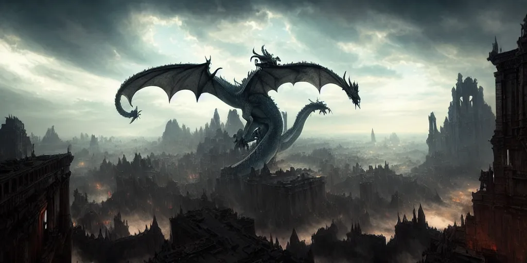 Prompt: giant dragon flying over ruined city, ultra high definition, ultra detailed, symmetry, god rays, sci - fi, dark fantasy, by greg rutkowski