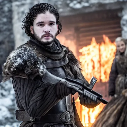 Prompt: a still of Jon snow holding a ak47 in game of thrones, 2021 movie footage