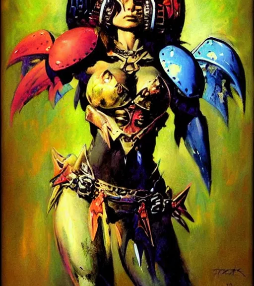 Image similar to portrait of strong female chaos angel, beautiful! coherent! by frank frazetta, by brom, strong line, vivid neon color, spiked scrap metal armor, iron helm maximalist