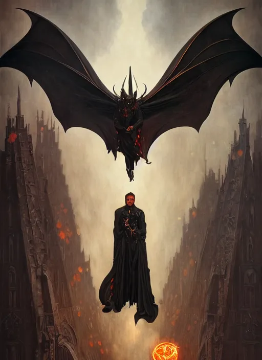 Image similar to majestic satanic bat wing black armored evil man movie poster, art style by edmund leighton, tom bagshaw, alphonse mucha, exquisite digital art, haunting, masterpiece, organic painting, photorealistic, ornate and hyper detailed