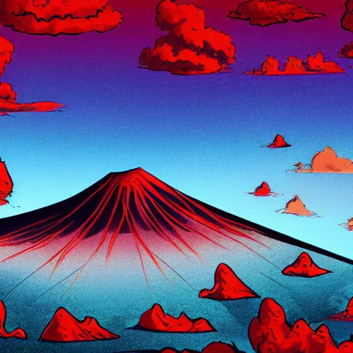 Image similar to Beautiful landscape with volcanos with blue lava and flying monsters