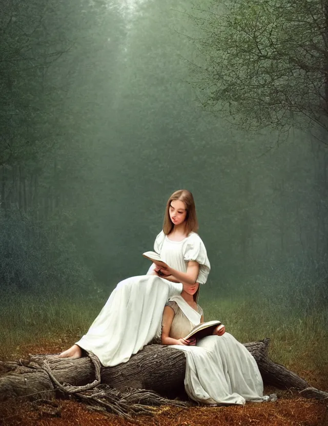 Image similar to beautiful peasant Girl in long white dress reading a book sitting on a tree in a foggy forest, Cinematic focus, Polaroid photo, vintage, neutral colors, soft lights, by Steve Hanks, by Serov Valentin, by lisa yuskavage, by Andrei Tarkovsky 8k render, detailed, oil on canvas