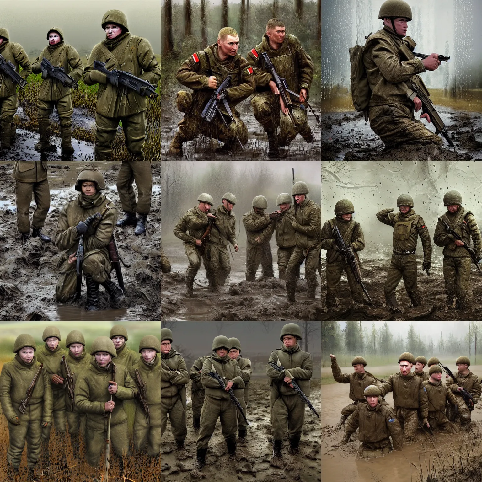 Prompt: Russian army infantry soldiers, with Vladimir Putin, stuck in mud, dirty, despair, raining, trending on artstation, photorealistic