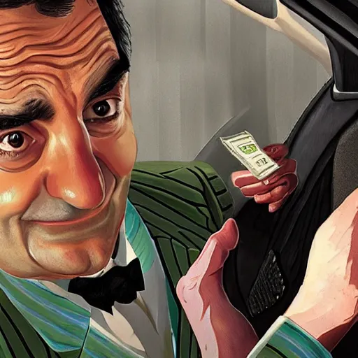 Prompt: mr bean as a drug dealer, gta 5 cover art