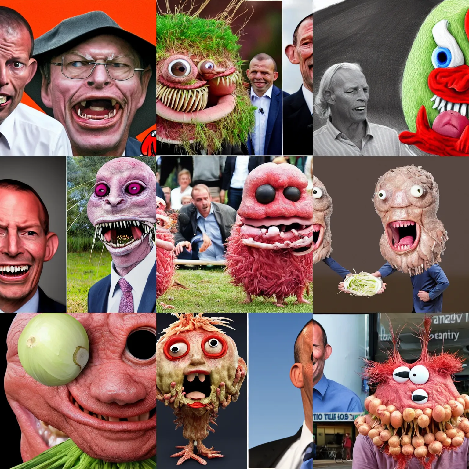 Prompt: anthropomorphic raw onion monster eating tony abbott on the campaign trail, highly detailed photo, retouched in photoshop, detailed face, symmetrical eyes