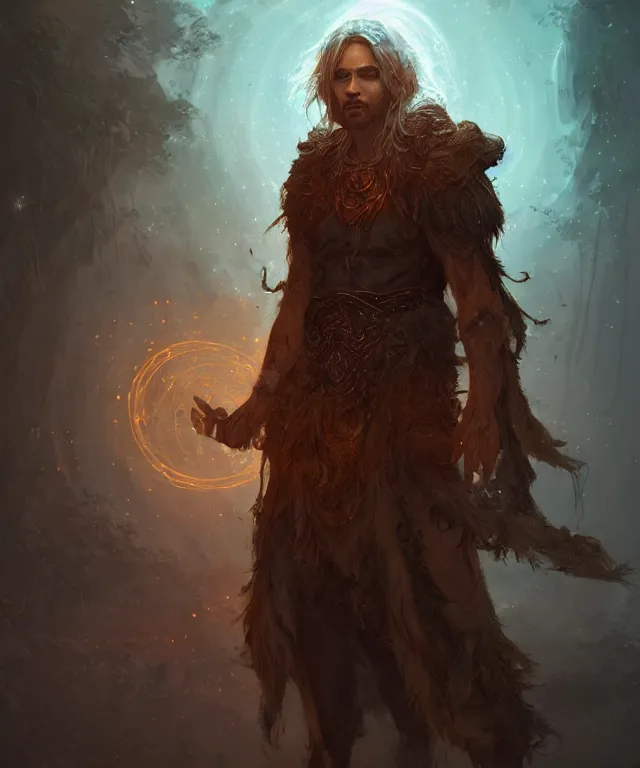 Image similar to a male druid, fully clothed, glowing energy, fantasy, intricate, cinematic lighting, highly detailed, digital painting, artstation, concept art, smooth, sharp focus, illustration, subject in the middle of the frame, art by wlop