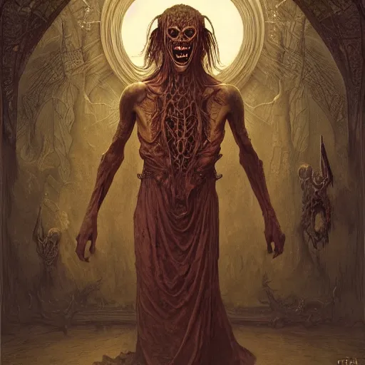 Image similar to Satanic Evil Mr. Bean with a seductive look, fullbody, psychedelic, intricate, horror, highly detailed, artstation, concept art, smooth, sharp focus, illustration, art by greg rutkowski and orientalism and bouguereau and Zdzislaw Beksinski, D&D, good clear quality, lighting, horror, evil, biology, symmetrical artwork, perfect face, 135 mm, cinematic, hyper realism, high detail, octane render, 8k, chrome accents