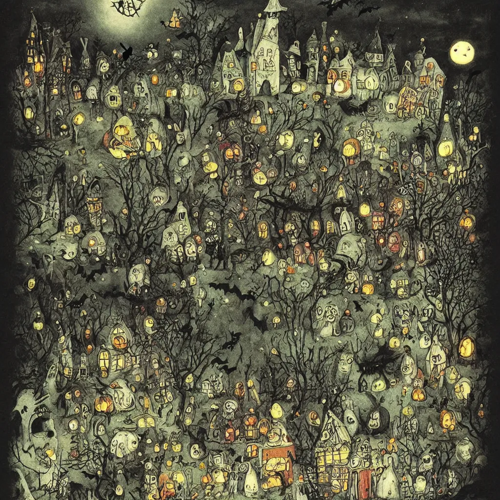 Image similar to a halloween scene by alexander jansson and maurice sendak