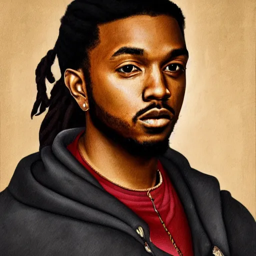 Prompt: a renaissance style portrait painting of kendrick lamar