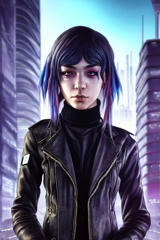 Image similar to hyperdetailed very close portrait of a european sixteen years old woman with grey eyes in a leather suit with a pin in a cyberpunk city inspired by ross tran and wlop and masamune shirow and kuvshinov, concept art, intricate, photorealistic, octane render, rtx, hdr, unreal engine, dnd digital art by artgerm