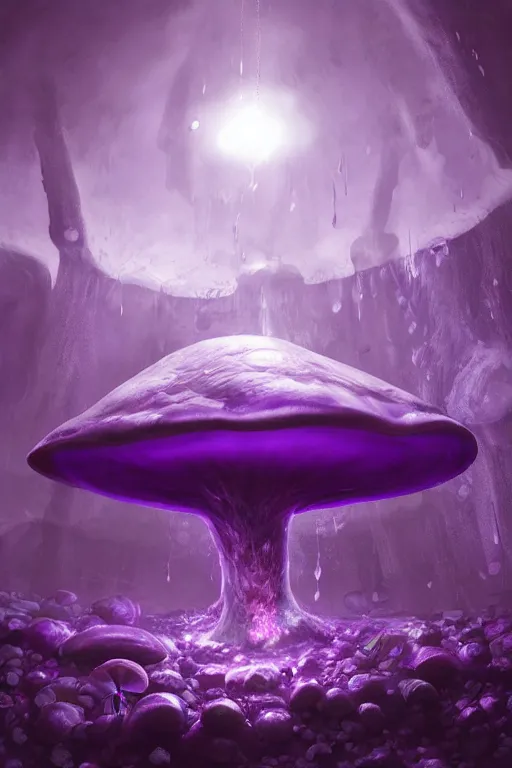 Image similar to Giant Mushroom Dripping Viscous Blobs of Purple Liquid from its Cap, Damp Dungeon, Underground, fantasy, digital illustration, realistic, trending on artstation, volumetric lighting, ultra detailed