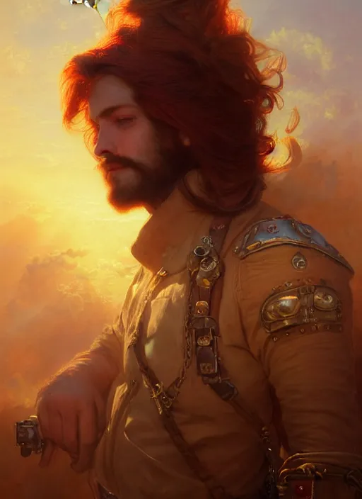 Prompt: portrait painting of a handsome face rugged long hair crimson hair male capitain, top half portrait soft hair steampunk ornate mechanical zeppelin blimp airship in the background sky sunset golden hour fantasy soft hair deviantart book cover art dramatic volumetric lighting art by wlop greg rutkowski gaston bussiere